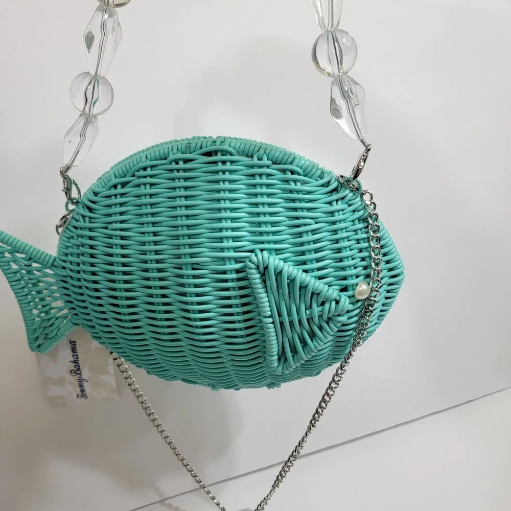 Tommy Bahama Wicker Teal Fish Convertible Crossbody Chain Strap Coastal Sealife - Picture 8 of 9